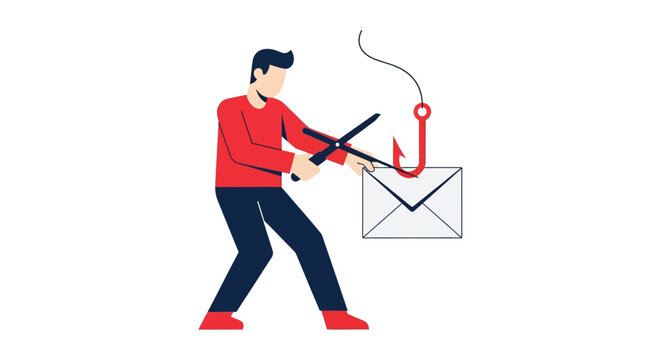 Cybersecurity Concept of a Man Cutting a Phishing Hook from an Email Envelope to Stop Online Fraud and Cyberattacks