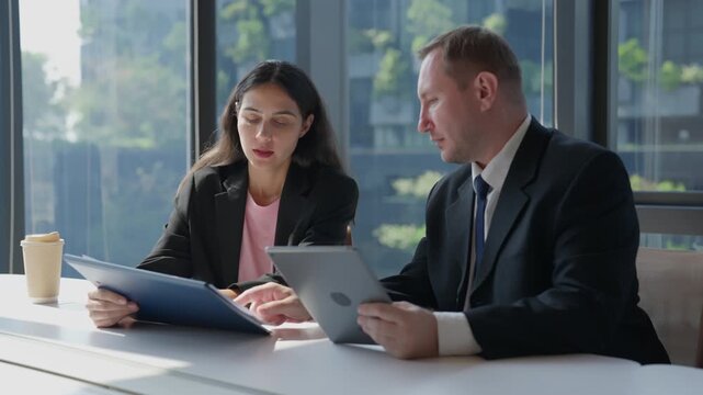 Business meeting with tablet in office, professional colleague teamwork using technology, woman and man reviewing digital report at modern workplace