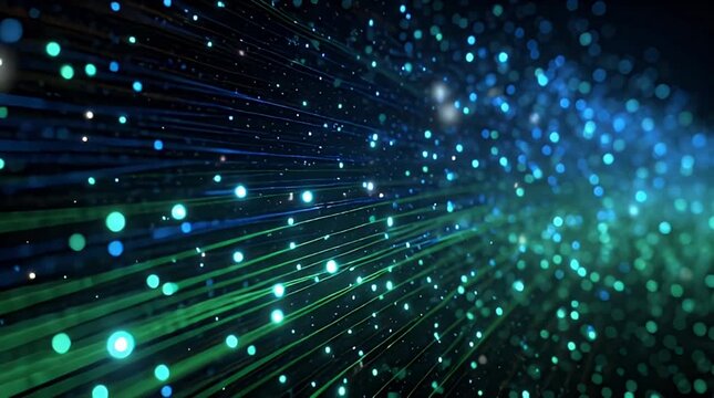 Blue energy particles streaming in dark digital space with cinematic bokeh for information technology marketing