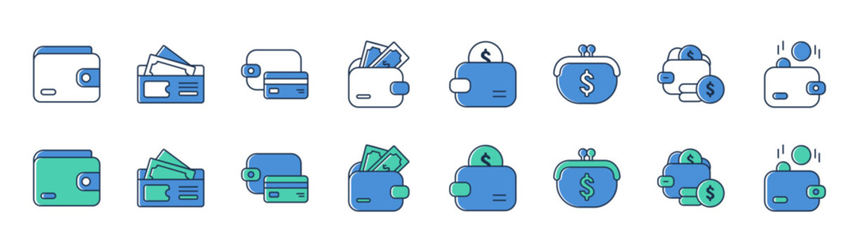 Spending budget wallet icon set collection featuring open, closed, cash bills, credit card, coins, dollar sign, coin drop, overspending vector illustration