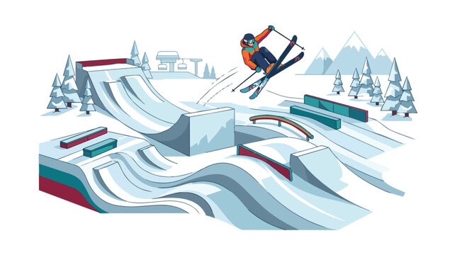 Professional skier performing an aerial trick jump in a snow terrain park.