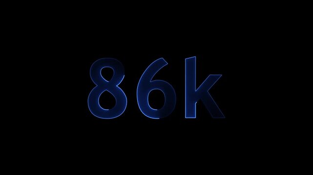 Animated glowing neon blue eighty six thousand count on isolated black background footage.