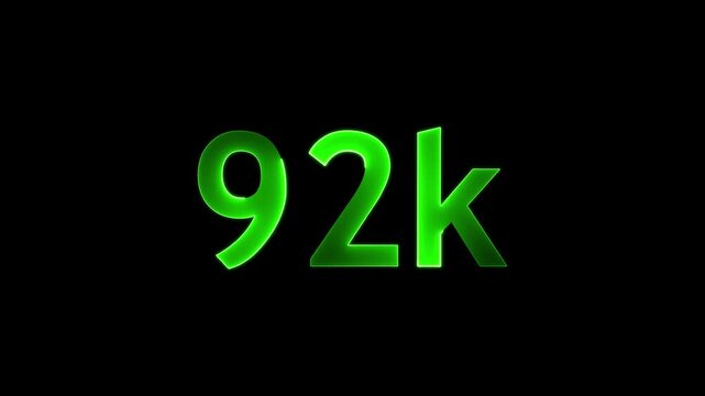Glowing neon green number 92k symbol appears on black background with soft light.