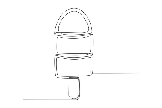 A minimalist single line drawing of a triple layered frozen popsicle lolly bar on a wooden stick, showcasing a clean and simple black contour outline design style on a white background.