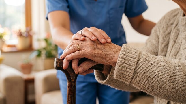 > Young caregiver in blue uniform holding hands of an elderly patient resting on a wooden walking cane, senior care and support concept.
