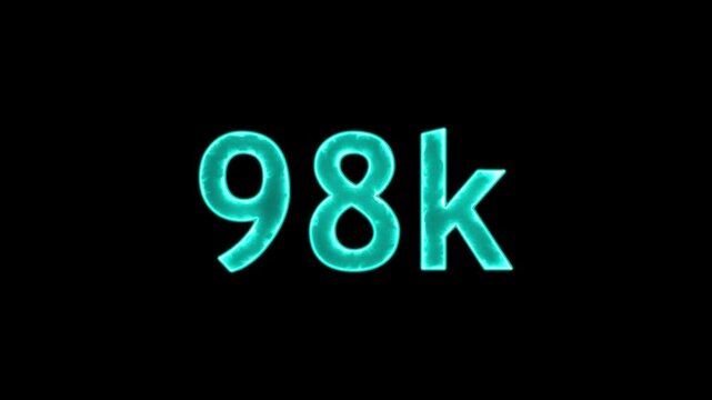 Neon glowing turquoise 98k text animation pulsing against black background digital motion.