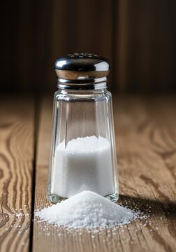 A clear glass saltshaker with a polished metal top stands on a rustic wooden table, crystalline white grains spilling out in a soft pile, seasoning, table, metal