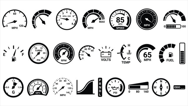 Collection of Speedometer and Gauge Icons.