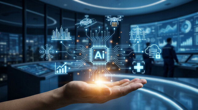 Hand holding AI chip hologram in smart control room with connected city, drone, energy, cloud and healthcare systems icons.
