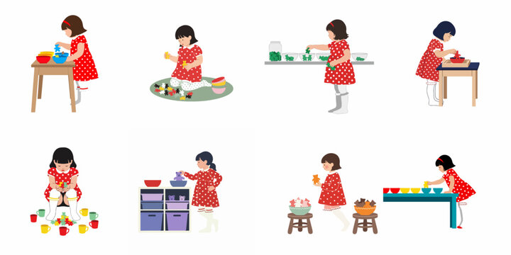 Set of illustrations featuring a young girl in a red polka-dot dress engaged in various educational sorting and counting activities with colorful toy bears.