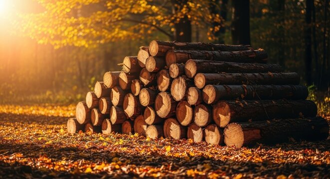 A stack of freshly cut timber logs rests in a vibrant forest during autumn, surrounded by fallen orange leaves and a golden sunlight glow, autumn, background, rural