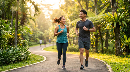 Obraz premium Happy couple jogging through a lush tropical park at sunrise