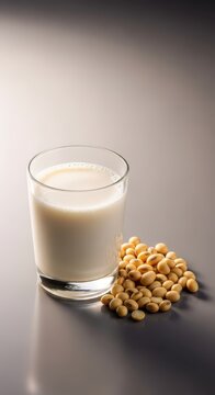 Healthy beverage concept featuring a glass of smooth, creamy soymilk presented next to the nutritious raw soybeans used to create it, beverage, bowl, grain
