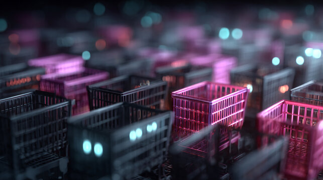 Empty shopping carts in a dark store. Digital e-commerce concept with neon retail lighting.