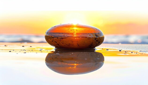 Shiny Orange Sea Glass Pebble on Wet Reflective Sand at Sunset