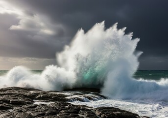 Obraz premium Massive white waves crash violently against dark jagged coastal rocks under a heavy stormy sky as sea spray fills the cold air during a gale, horizon, wind, rough