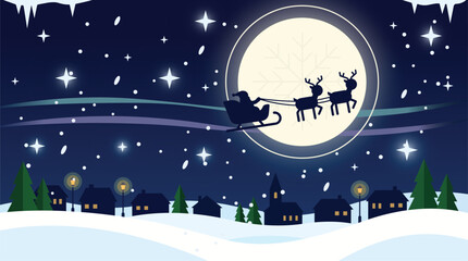 Vector illustration of santa claus sleigh flying across full moon over snowy winter village with christmas, reindeer © AMJAD