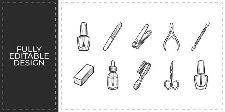 Manicure tools and professional nail care hand drawn icons set featuring polish and files for beauty salon and fashion grooming branding design graphics