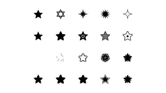 Diverse Collection of 24 Distinct Star Shapes and Icons Arranged in a 4x6 Grid, Black and White Vector Art
