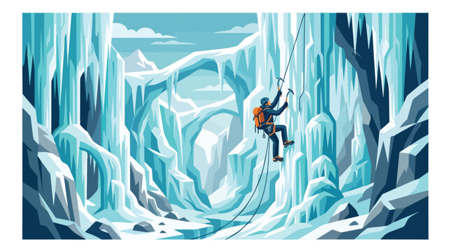 A professional ice climber ascending a vertical frozen waterfall.