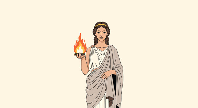 Ancient Greek goddess Hestia wearing a traditional white chiton and holding a burning fire flame in her hand on a plain background.