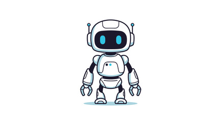 Fototapeta premium Cute futuristic white robot assistant with blue glowing digital eyes standing on a clean white background.