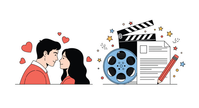 Romantic couple in love next to a movie production set with clapperboard, film reel, script, and pencil on a white background.