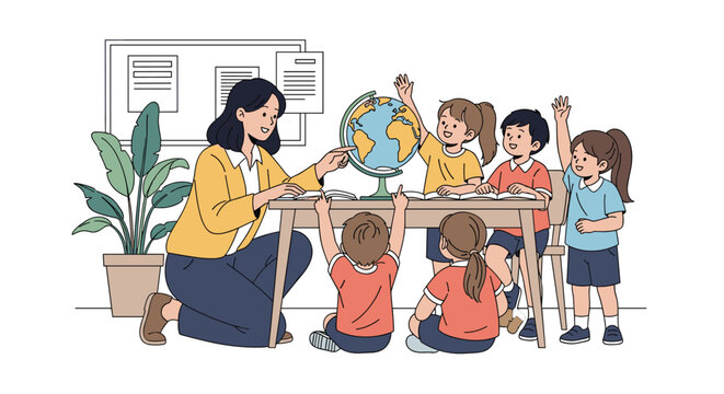 Kindergarten teacher showing a world globe to excited young preschool children sitting around a table in a classroom.