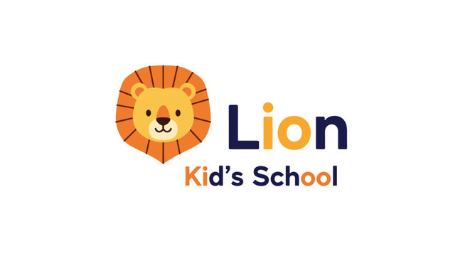 Colorful educational logo design featuring a friendly cartoon lion head with the text lion kids school below.