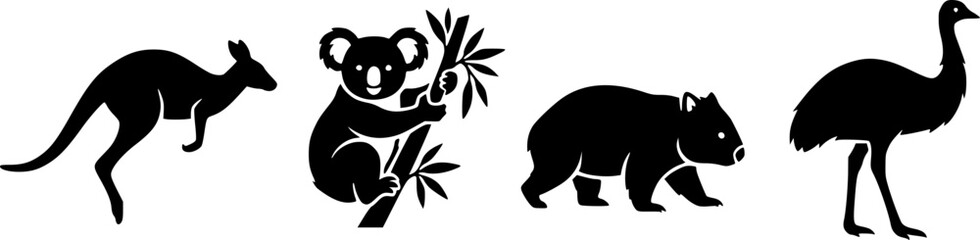 Fototapeta premium Australian animals, wildlife icons, black silhouettes, vector set, 4 elements 