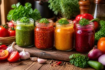 Jars of colorful sauces arranged on rustic wooden board © mila103