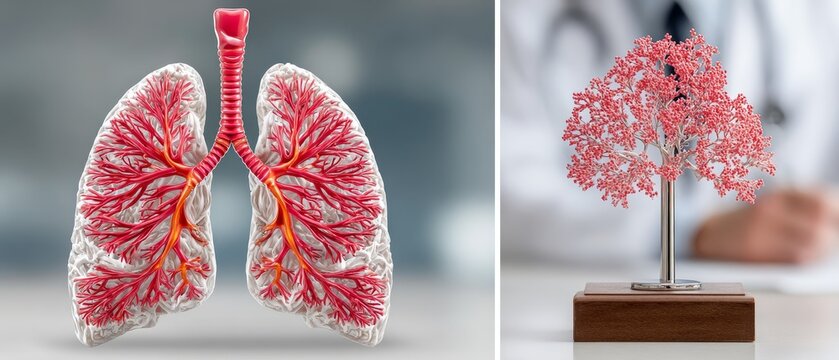 Medical illustration comparing lung anatomy to a vascular tree for educational background.