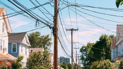 Obraz premium Urban Street Scene with Power Lines and Residential Houses Under Clear Blue Sky in Bright Daylight Setting