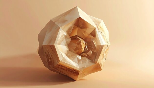Geometric Geode Sculpture with Golden Facets Resting on Soft Beige Surface