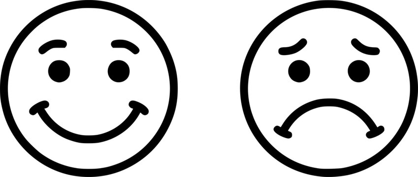 Smiling and frowning face icons, black emoticons, simple vector graphics, emotions, expressions
