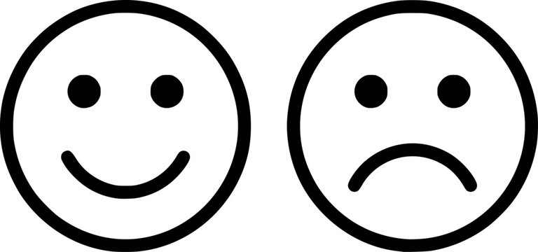 Smiling and frowning face icons, black emoticons, simple vector graphics, emotions, expressions
