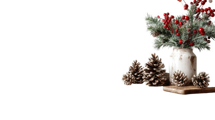 Fototapeta premium Snow Covered Christmas Tree with Red Berries and Pine Cones Isolated Green Fir Branch Holiday Decoration for Christmas and New Year Celebration with Gold Ornaments and Gifts
