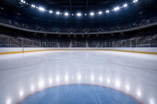 Empty ice hockey rink with arena seating and bright lights