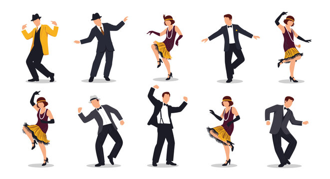 Set of ten retro flapper dancers, men and women in elegant 1920s fashion posing and dancing isolated on white.