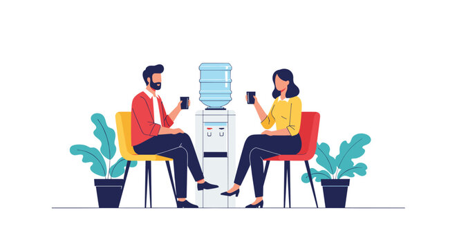 Man and woman having a conversation and drinking water next to an office water dispenser on a white background.