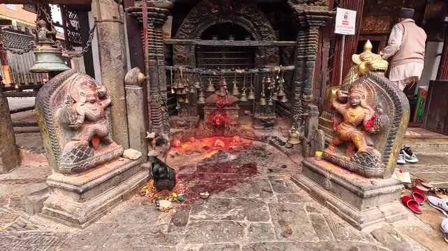 Bagh Bhairab Temple shrine close-up, guardian deity statues flanking altar with ritual offerings, bells and red powder, Nepal