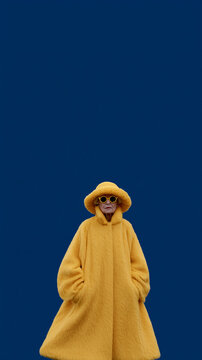 woman in yellow coat standing outdoors. Stylish female model posing against vibrant blue sky backdrop