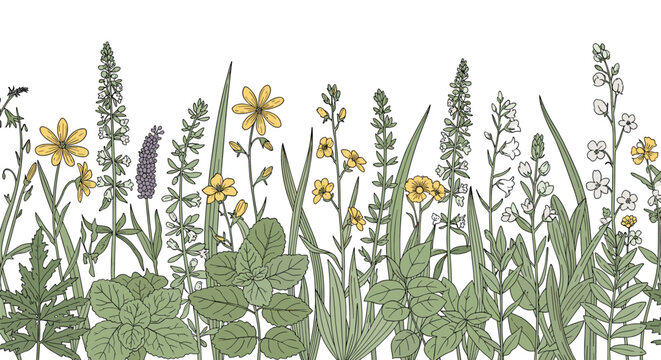 Beautifully detailed hand-drawn sketch of various tall wildflowers and grass forming a natural bottom border.