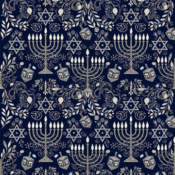 Seamless Hanukkah Navy Silver Menorah Dreidel Pattern  