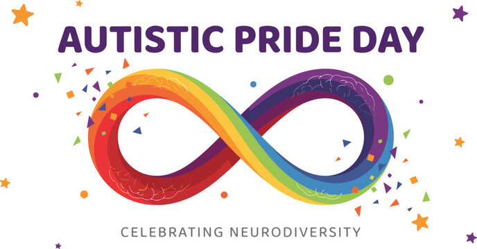 Autistic Pride Day, rainbow infinity symbol with confetti vector artwork for awareness campaigns, education and inclusive celebration projects
