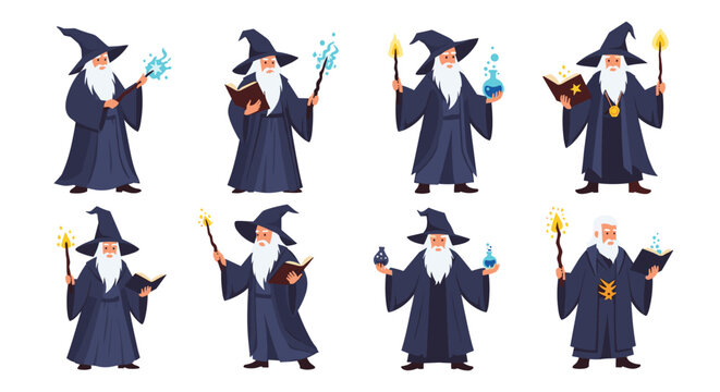 Magic wizard character collection with eight wise old wizards wearing dark blue robes and pointed hats in various poses.