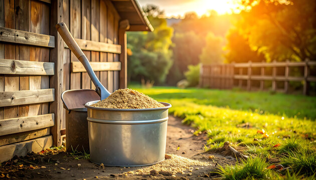 Rustic metal bucket with grain outside barn.