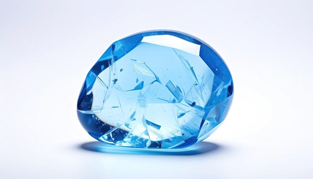 Shiny Blue Crystal with Fractured Facets Resting on White Surface