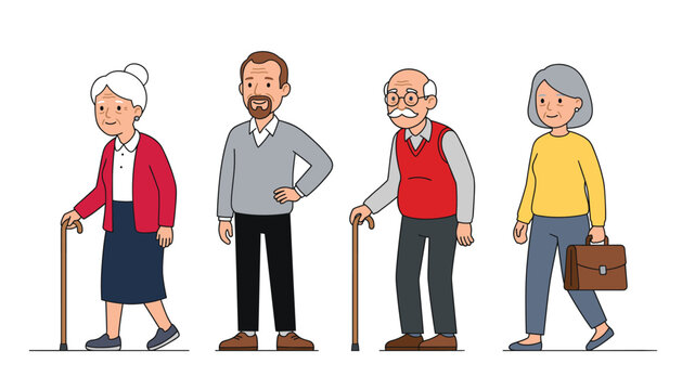 Elderly people vector cartoon character set. Group of senior citizens, old grandparents walking with cane, mature man standing and grandmother with briefcase.