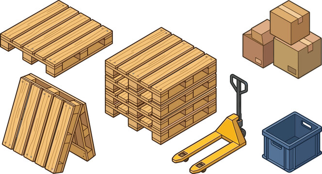Wooden Pallet and Warehouse Equipment Collection with Stacked Pallets Cardboard Boxes Pallet Jack and Storage Crate Vector Illustration